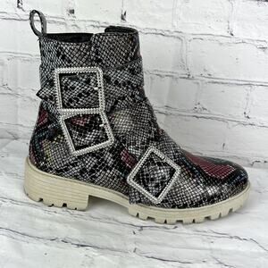 True Craft Pink Multi Text Mila Snakeskin Print Colorful Faux Leather Boots 7.5